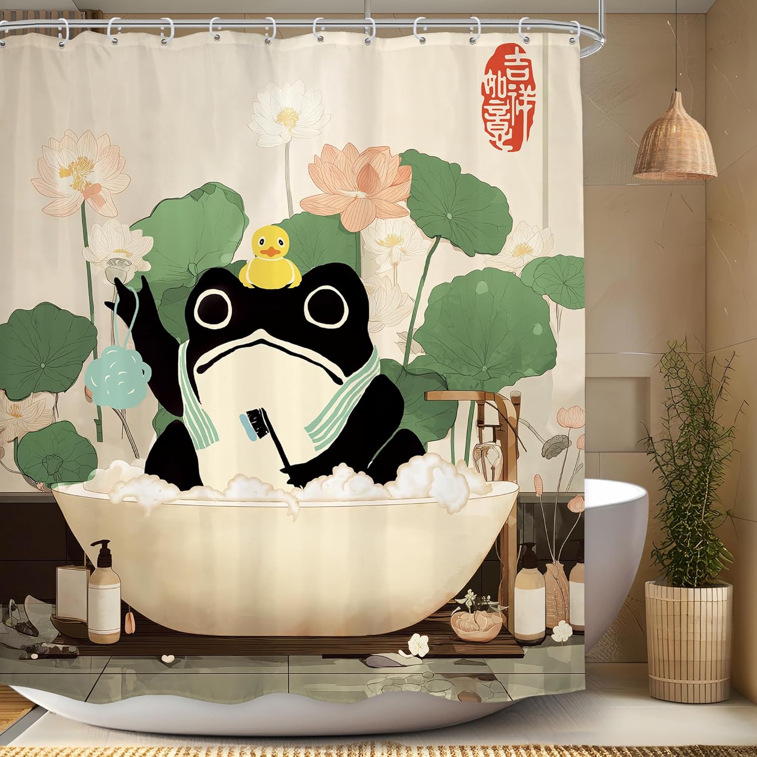 

Cute Frog In Lotus Bath Shower Curtain Chinese Style Art Yellow Duck Water Lily Design Waterproof Fabric Boho Bathroom Decor W60H190(CM)-1 Pcs