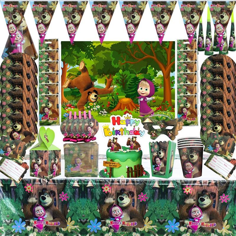 Masha And Bear Birthday Party Decorations Party Tableware Cake Flag Napkin Candy Box Backdrop Balloon Baby Shower Party Supplies