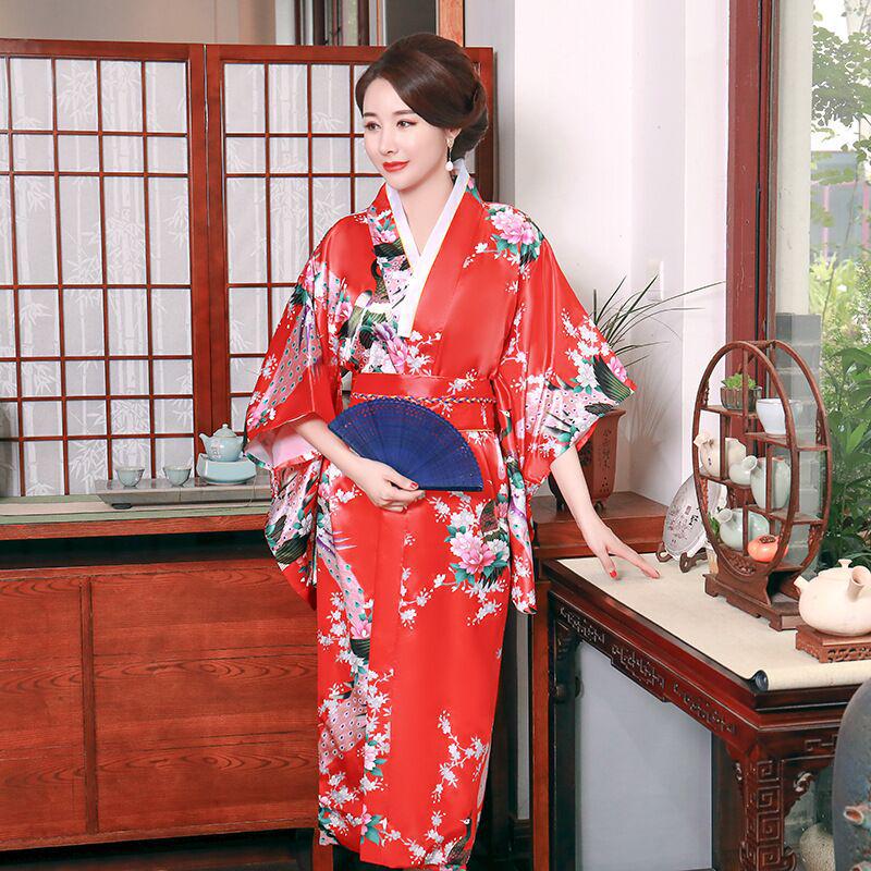 

Women s Silk Satin Peacock Kimono for Photos or Performance One Size красный