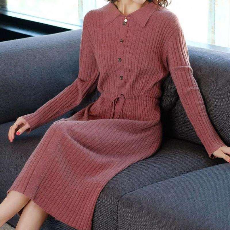 Spring Autumn Lapel Knit Dress Women's Long Loose Tie Sweater Dresses