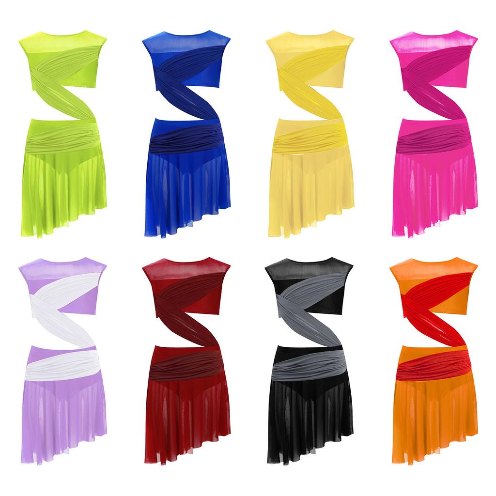 Mergaičių Lyrinio šokio suknelė Vientisa Berankovė Permatomo tinklelio Patchwork Asimetriškas kraštas Pasirodymo kostiumas