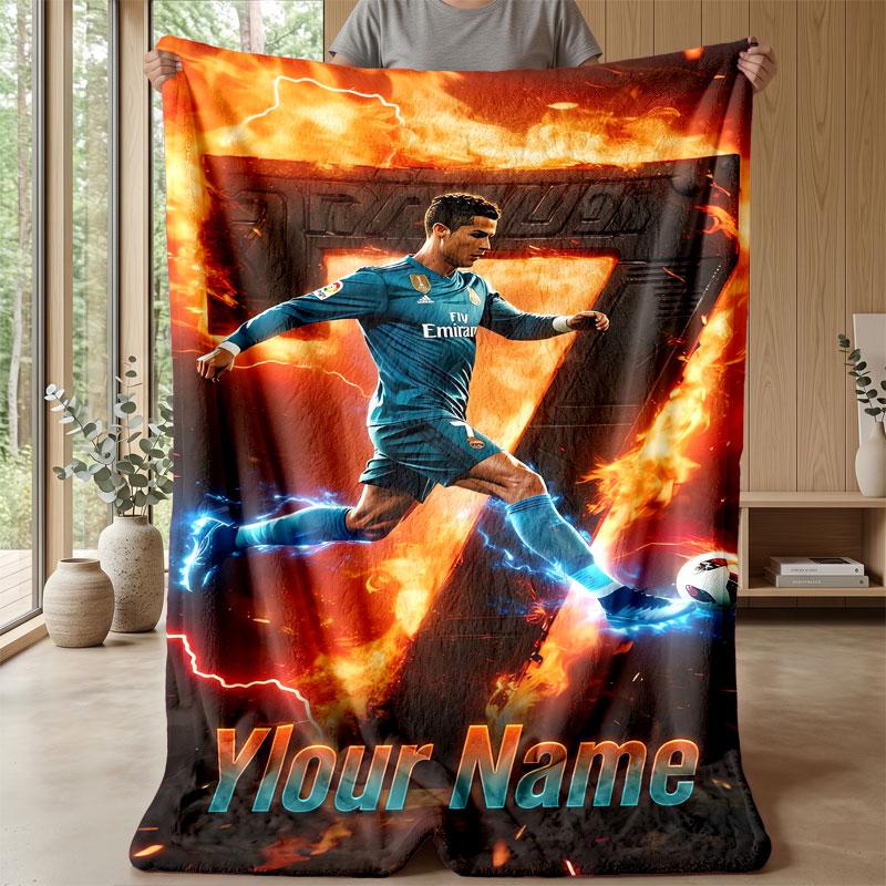 Coperta in Flanella Personalizzata con Nome Cristiano Ronaldo Logo Calcio Coperta Plaid in Pile Personalizzata Regalo Speciale per Divano Camera da Letto Casa