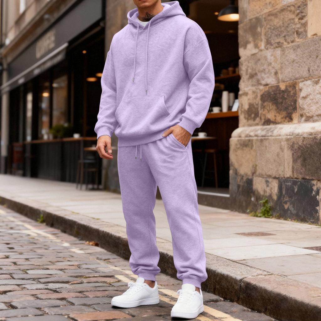 Men's Color Hoodie and Jogger Pants Set with Elastic Waist and Cuffed Ankles for Casual Wear
