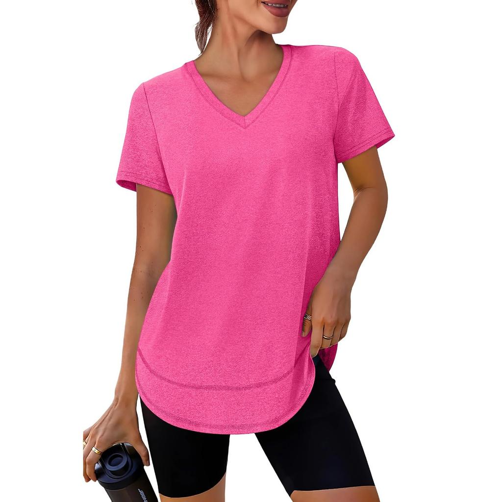 Women's Casual Loose-Fit Fashionable -Color Short-Sleeve V-Neck Pullover T-Shirt
