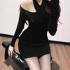 New Autumn and Winter Pure Black Dress with Hollow-Out Bodycon Design, Slimming and Sexy Mid-Length Dress