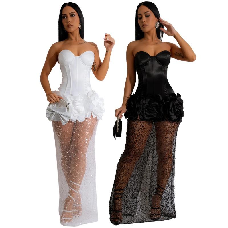 Women's Strapless Solid Color Patchwork Gauze Skirt Dress Fashion