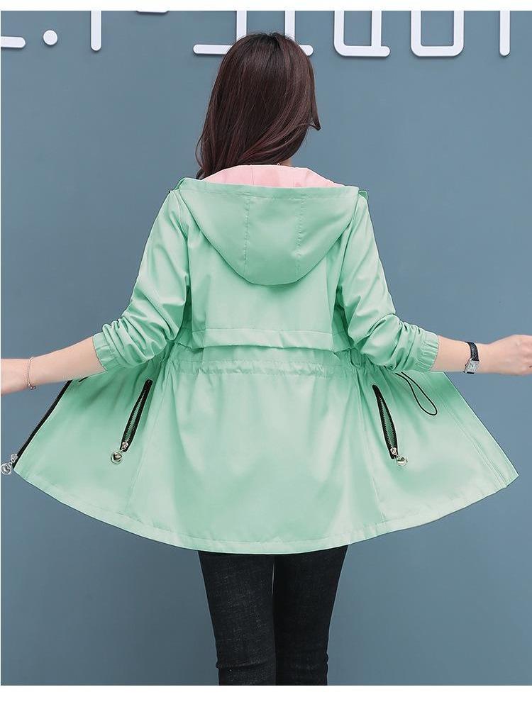 Women's Windbreaker Jacket Hooded Waist Jscket  Double Side  Zipper Overcoat