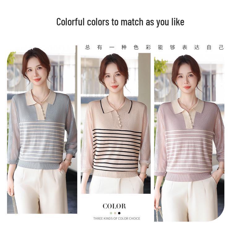 Mother's Spring Knit Lapel Striped Top for Middle-Aged & Elderly Women - Seven-Sleeve Loose T-Shirt.