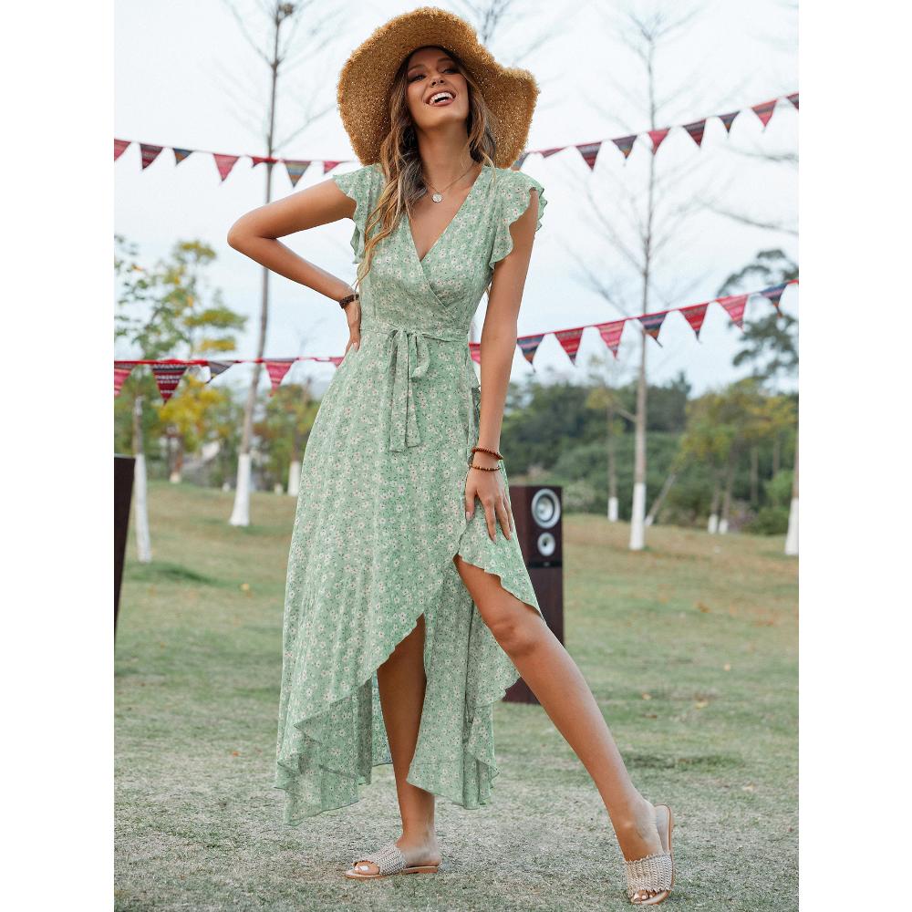 Summer Woman's Dress Bohemian V-neck Straps Large Hem Dress Vacation Dress