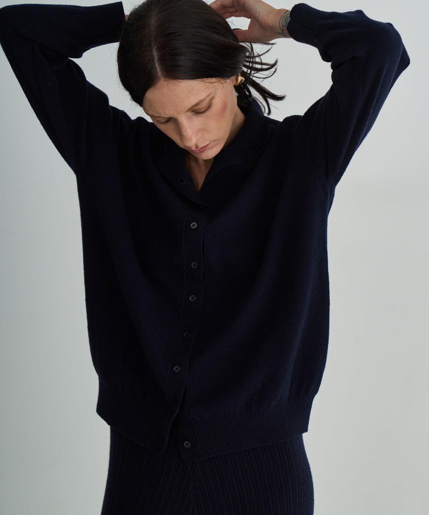 GRIDAJ Wool Blend Collared Cardigan _ Navy