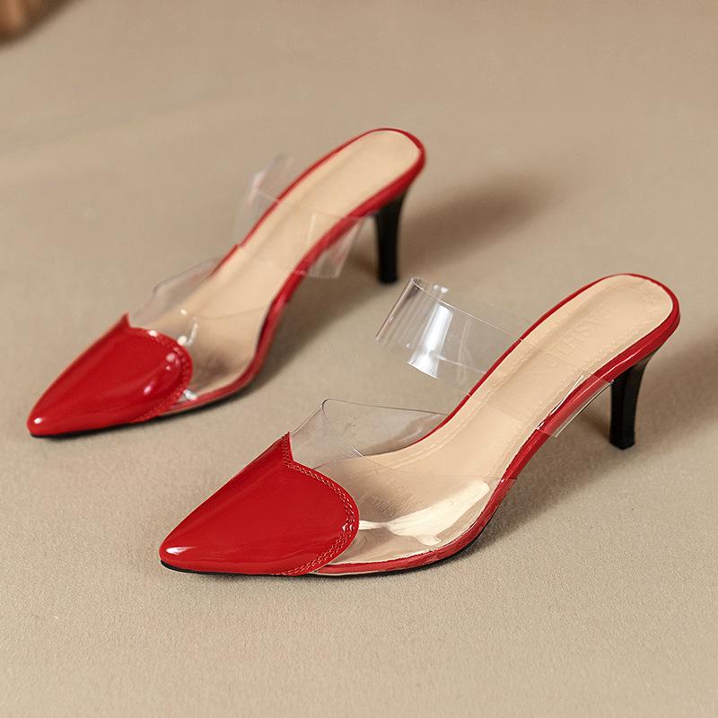 Fashion Pointed Toe Slippers High Heeled Summer Shoes Transparent PVC Slides Outside Wearing Slip On Black White Red