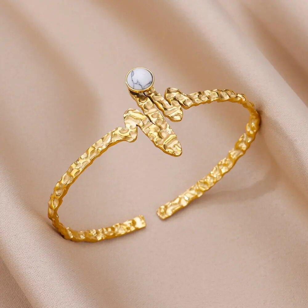 Artificial Green Stone Stainless Steel Cuff Bracelet for Women Gold Color Bangle Bracelets Female Vintage Jewelry Accessories