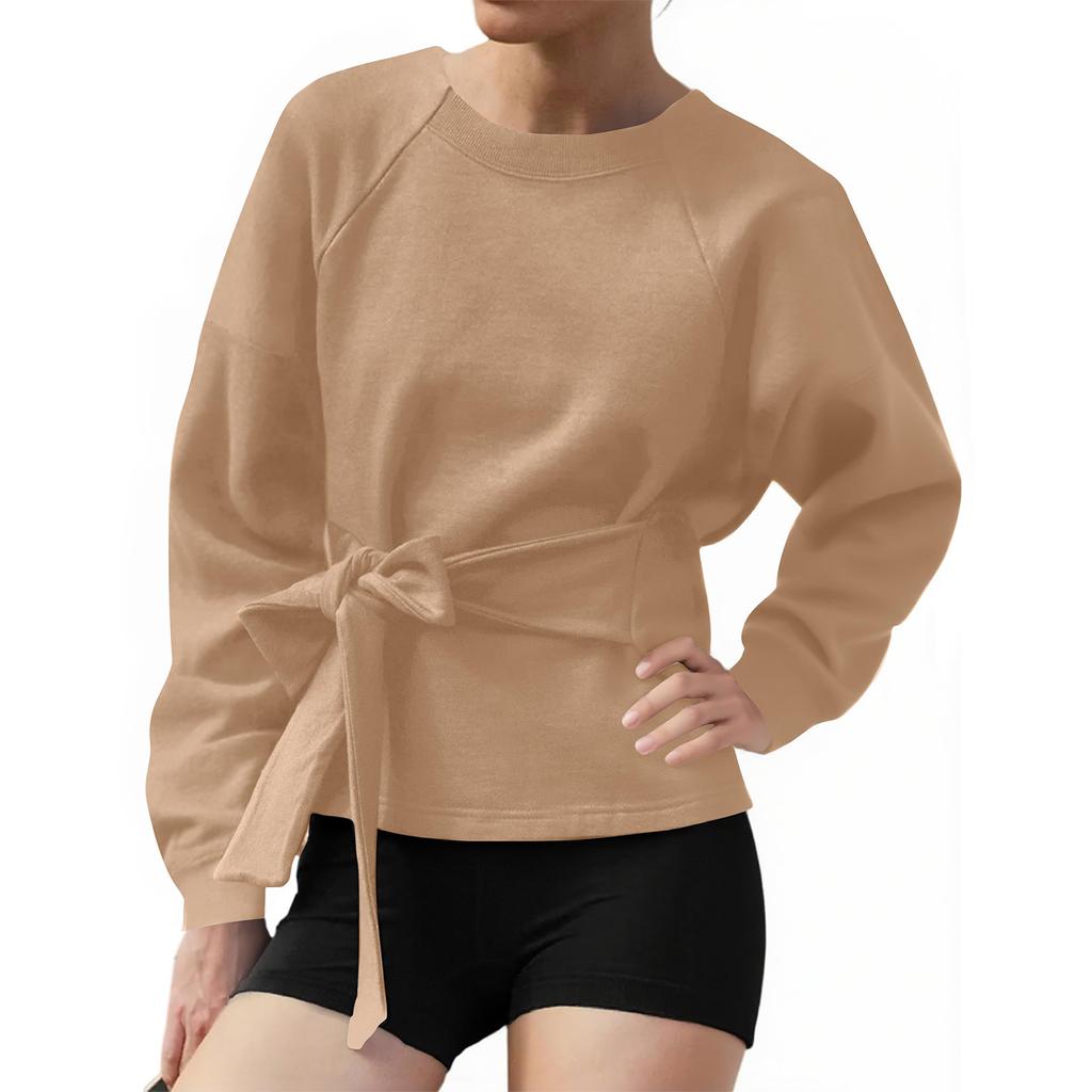 Women's Solid Color Long Sleeved Casual Round Neck Belt Bow Sports Shirt Pullover Top