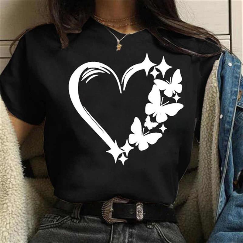 Cute Women's Summer Tee with Love Heart Pattern - Fashion Short Sleeve Top