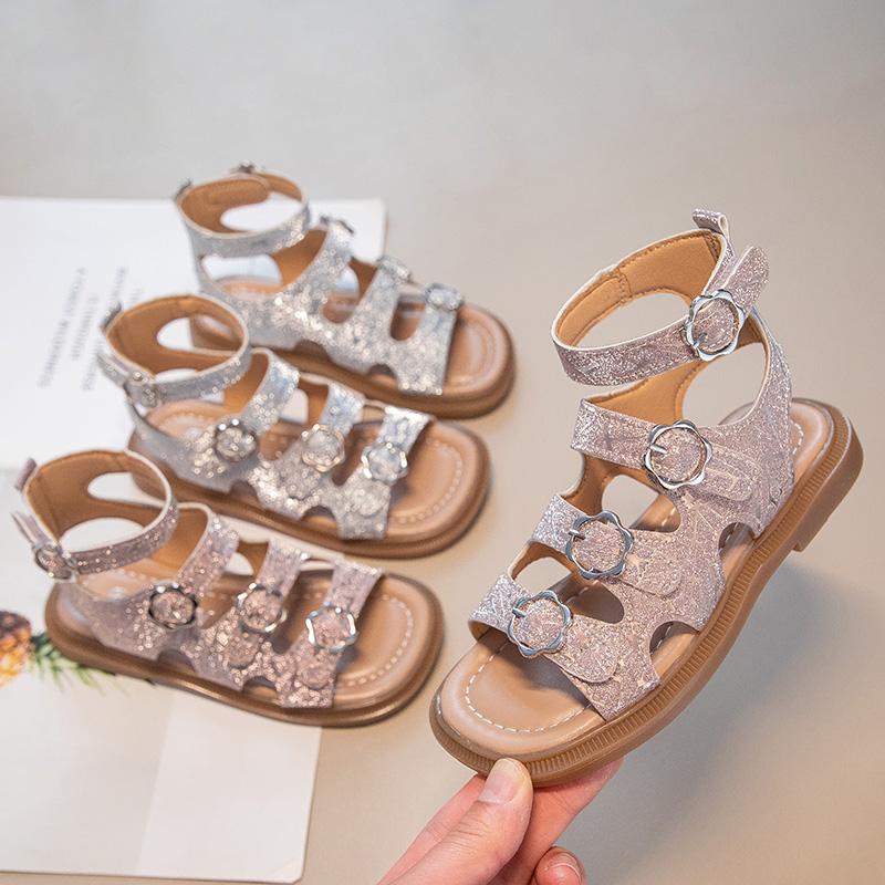 Girls Shiny Rhinestone Princess Sandals Children Sequined Gladiator Sandals Fashion Kids Summer Beach Shoes Anti-Slippery