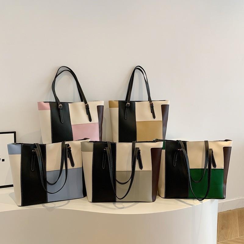 Stylish Pu Material Color Block Underarm Bag Large Size Casual Tote With Zipper Closure