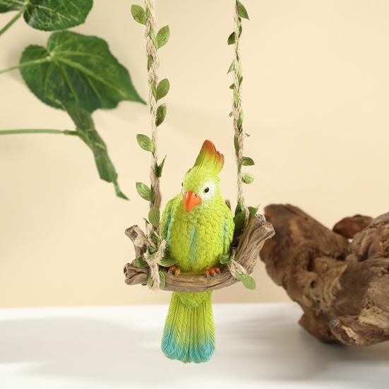 Parrot with Swing Ornaments Waterproof Resin Hanging Decoration Hemp Rope Simulated Green Leaf Design Lifelike Ornament for Balcony Courtyard