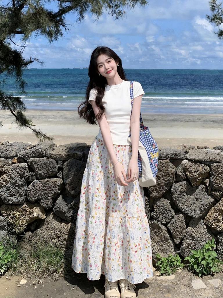 2026 set floral long skirt skirt two-piece set round neck slim-fitting front shoulder short-sleeved top T-shirt summer sweet
