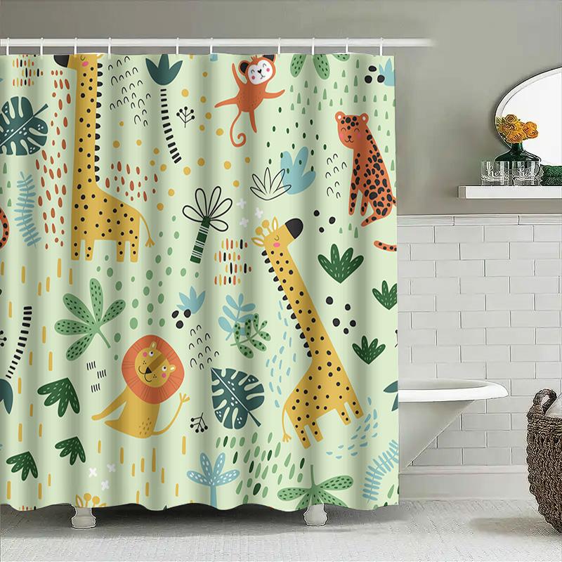 Animal Forest Shower Curtain Cute Cartoon Giraffe Leopard Lion Print Fabric Bathroom Decor Kids Bathing Room Waterproof Rug Pad