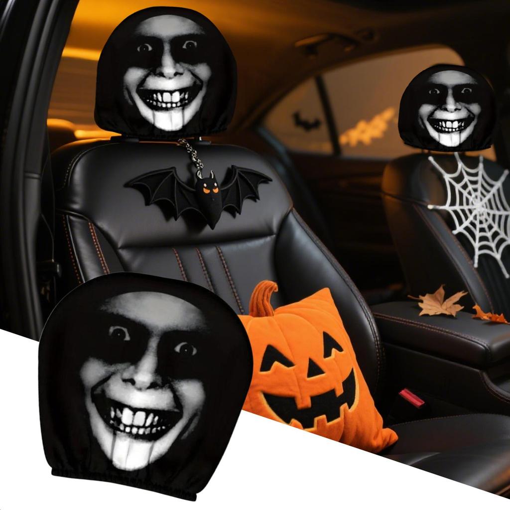 Autokopfstützenschoner 2 Stück Weiche Autokopfstützenbezüge Halloween Lustiger Smiley-Gesichtsschoner Fahrzeugzubehör für Autositze