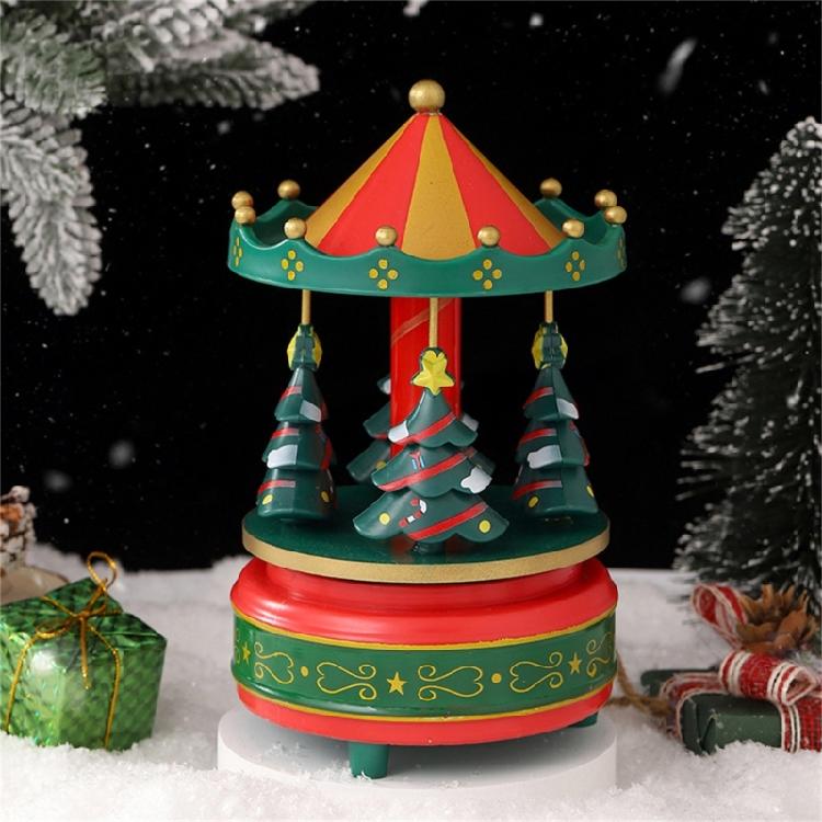 Artistic Christmas Tree Themed Rotating Music Box Wood Hand Cranked Musical Ornament For Holiday Seasonal Atmospheres