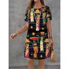 Damen Mode Handgezeichnetes Muster Druckkleid Sommer Neues Temperament Elegant Lässig Damen A-Linien-Kleid Kurzarm Minikleid