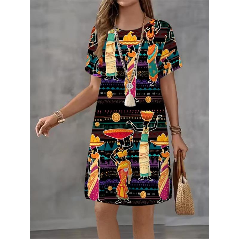 Damen Mode Handgezeichnetes Muster Druckkleid Sommer Neues Temperament Elegant Lässig Damen A-Linien-Kleid Kurzarm Minikleid