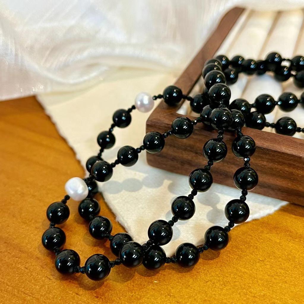 Retro Natural Black Agate Freshwater Pearl Collarbone Chain Necklace Neck Chain Niche Premium Versatile Collarbone Chain
