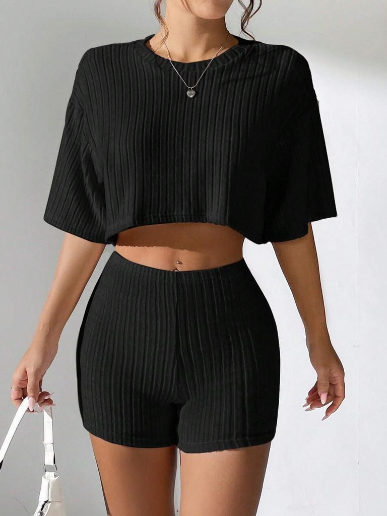 2025 Frühling Sommer Mode Crop Top T-Shirt und Shorts 2-teiliges Set Damen Lässig Sportbekleidung Set