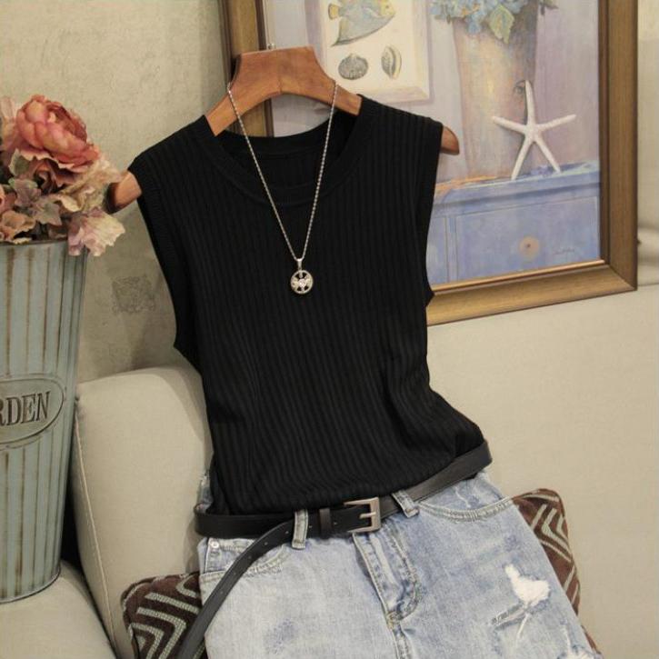 

Летний жилет с круглым вырезом, женский тонкий топ из ледяного шелка с широкими бретелями, вязаный однотонный однотонный топ без рукавов S чёрный