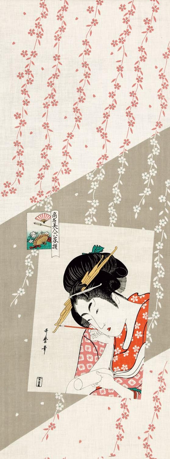 Yamamoto Jin Shoten Tenugui Gauze Hand Beauty and Flower Fan by Utamaro Ukiyo-e (Double Towel) - [5018]