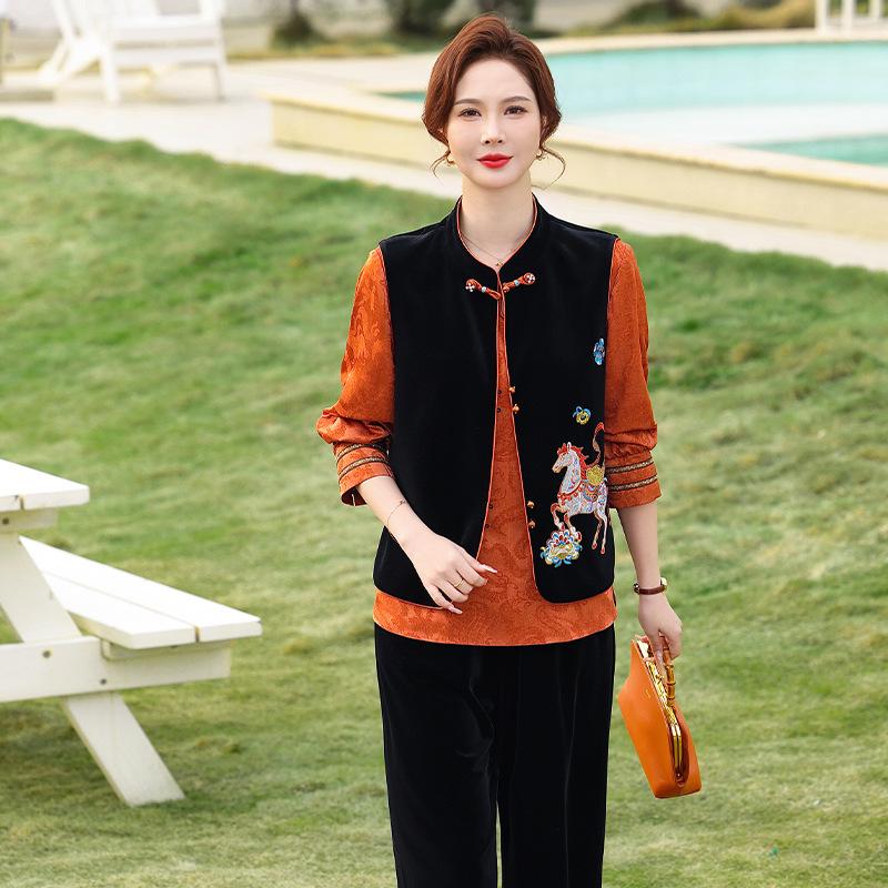 

Elegant Vest Suit: 2026 Spring & Autumn Three-Piece Set for Middle-Aged and Elderly Women XL [Recommended: 105-120 jin]