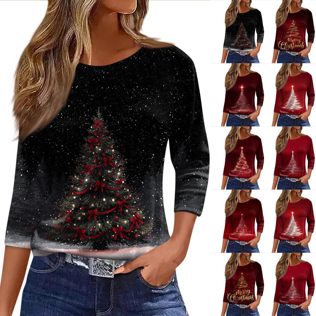Women's Fashion Casual Three-quarter Sleeve Christmas Printed  Neck Top