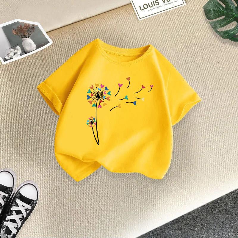 New Girls' Short Sleeved Children's T-shirt Fireworks Printed Versatile Middle and Small Children's Top Summer Fashion
