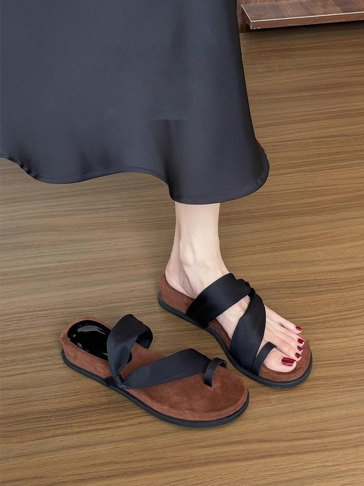 Soft leather~ French round head cover toe cool slippers women's summer outer wear temperament with skirt thick sole with two sandals