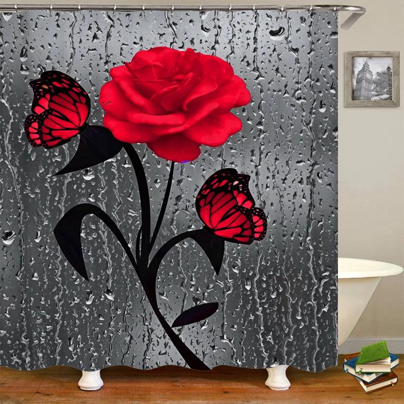 Blooming Flowers Rose Butterfly Shower Curtain Waterproof Modern Bathroom Decor, Waterproof Fabric Shower Curtain with Hooks