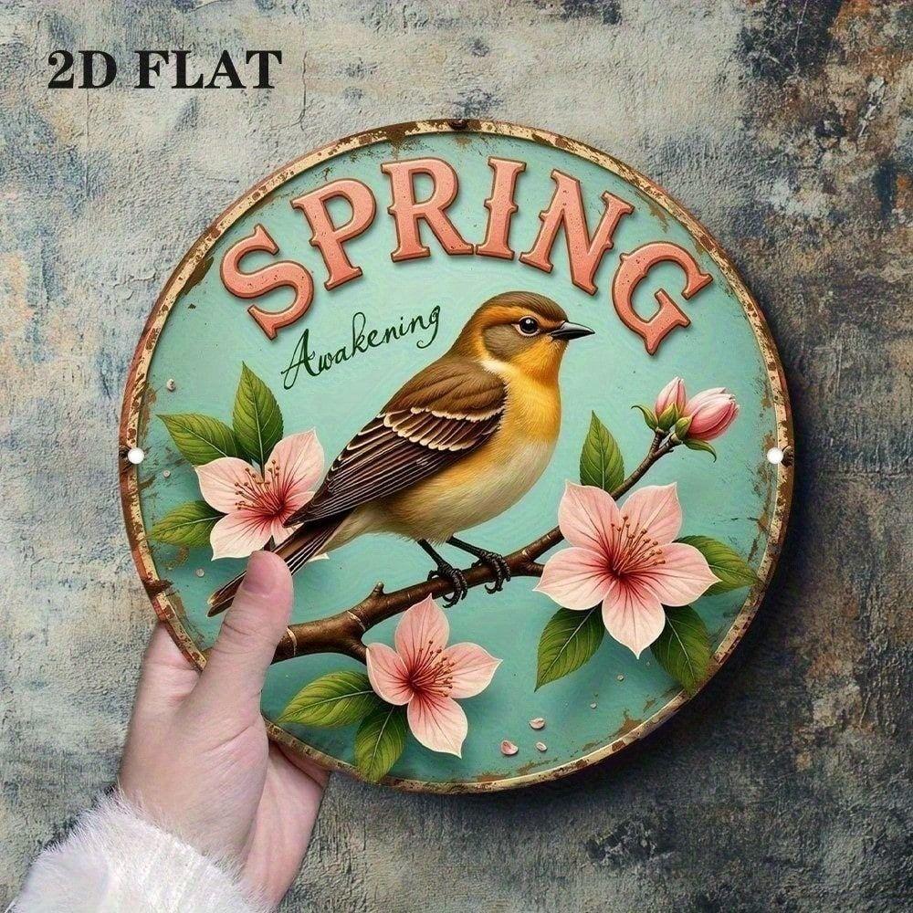 Vintage Sakura Metal Wall Art Round Sign Decor for Cafe