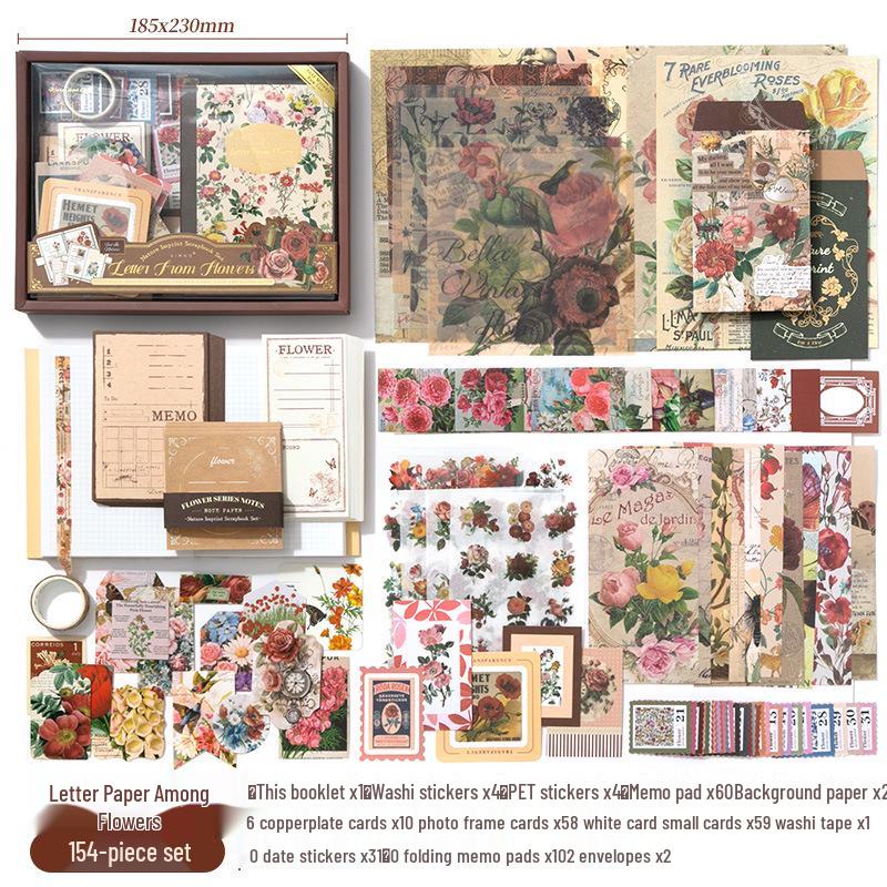 Retro Floral Imprint Greeting Journal Gift Box with English Stickers