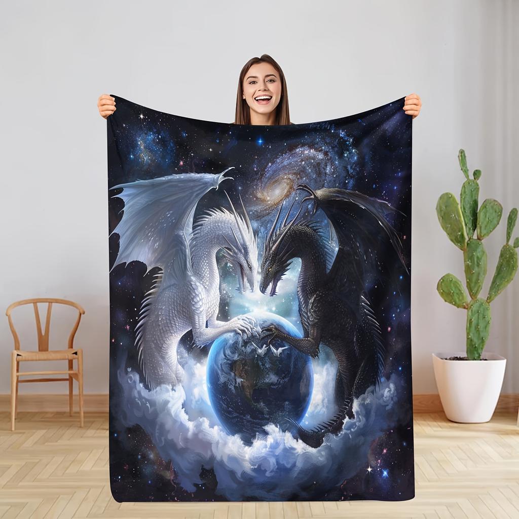Dragon Earth Flannel Blanket – White Black Galaxy Design – Ultra-Soft Heavyweight Throw