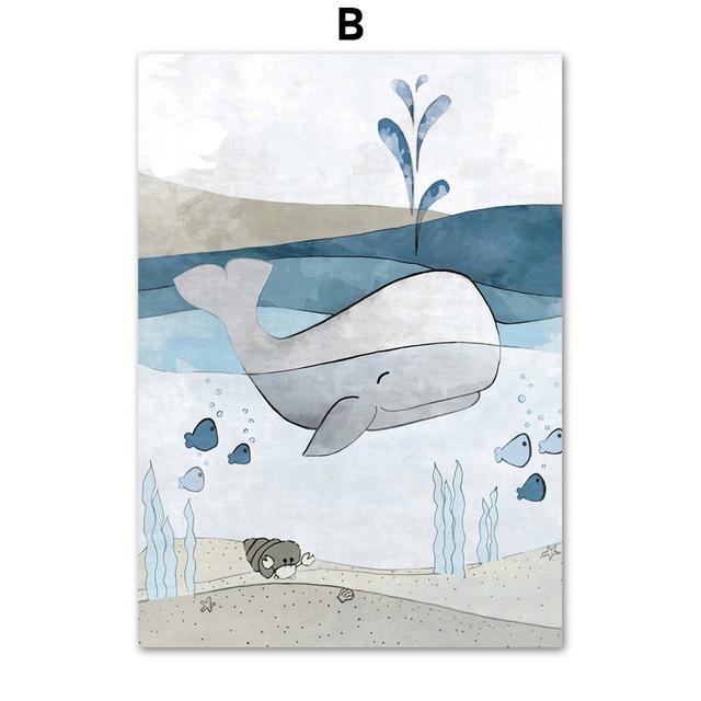 Blue Whale Turtle Octopus Wall Art Oil Painting Cartoon Nordic Canvas and Print Wall Picture Girl Boy Children Room Decoration No Frame