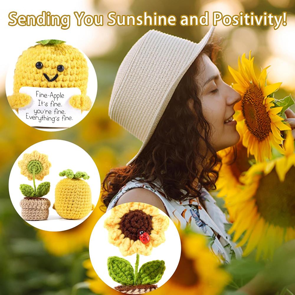 2PCS Positive Emotional Support Pineapple Sunflower Pot Home Room Decoration Crochet Pineapple Dolls With Card Christmas Gift