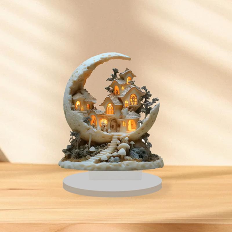 2D Flat Planet Moon House Acrylic Desktop Decoratio, Lent Festival, with Base, Suitable for wall decoration, porch, room, villa, accents Home, Hallway