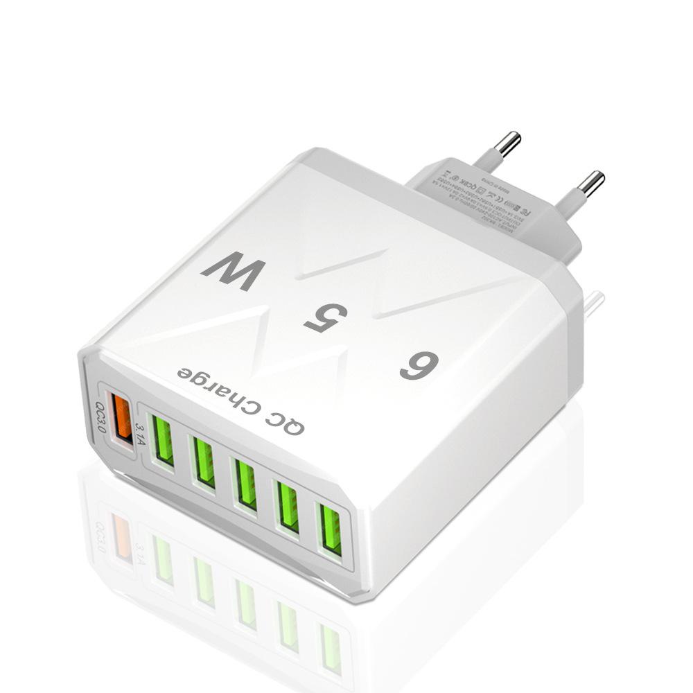 65W 6 Ports USB Charger Fast Charging QC3.0 Travel Charger for IPhone 14 Samsung Xiaomi Mobile Phone Adapter EU KR US UK Plug