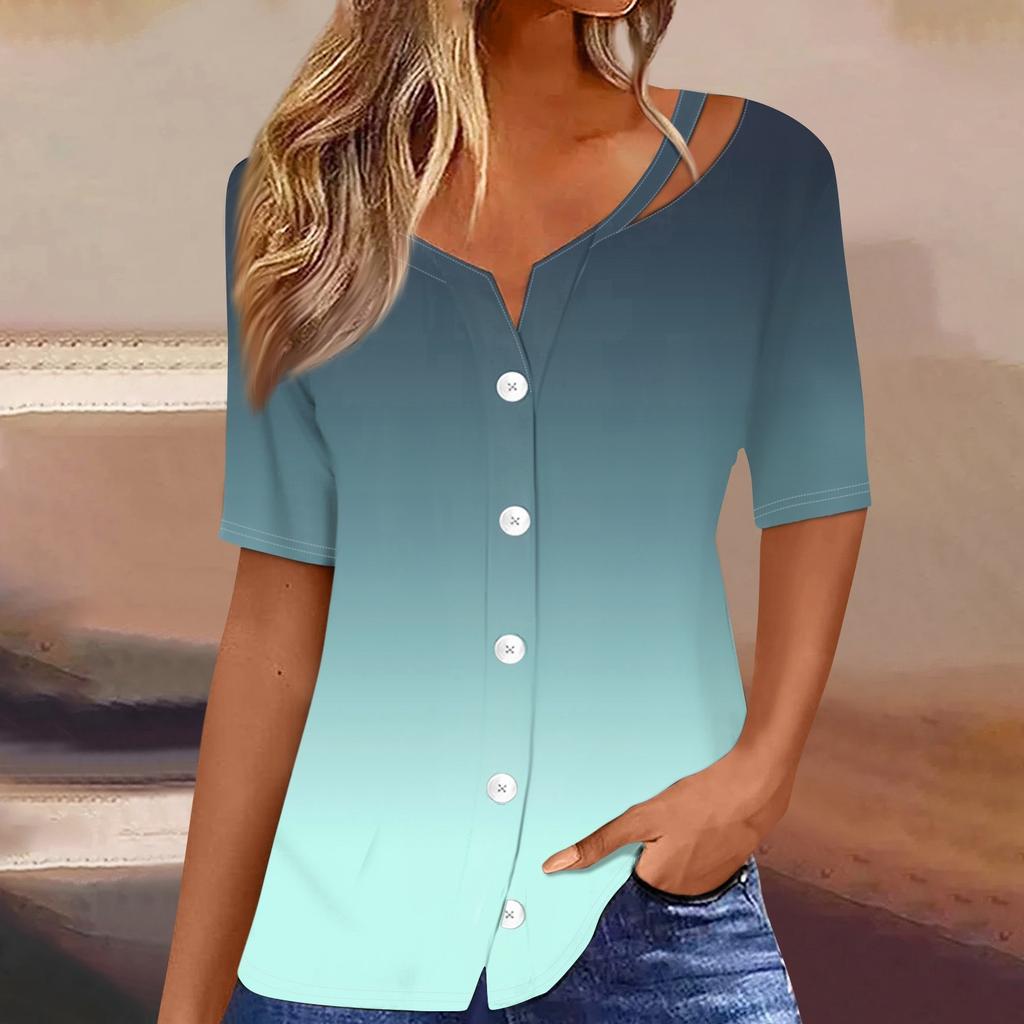 Damen T-Shirt mit Aufdruck, kurzärmelig, V-Ausschnitt, Knopfleiste, Strickjacke, T-Shirt, Top