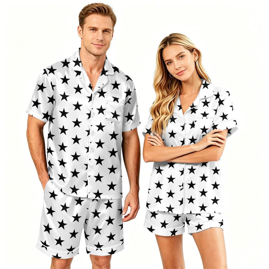 Couple Matching Pajama Set Short Sleeve Button Down Shirt with Hem and Shorts Set Soft Casual Sleepwear Available In Sizes S To XXXXL