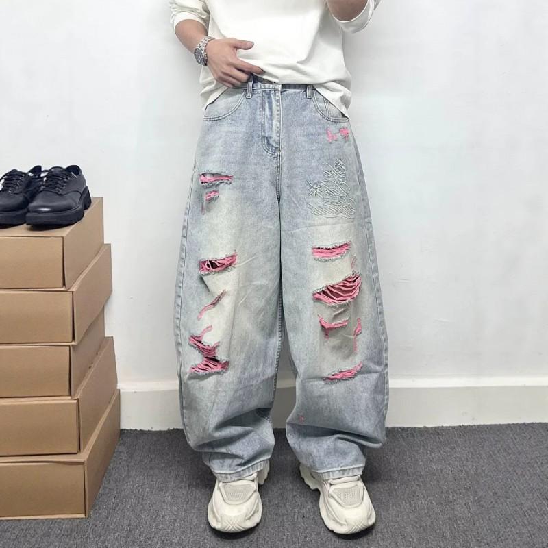 Vintage Embroidered Pink Distressed Denim Jeans Unisex Loose Wide Leg Pants Casual Streetwear