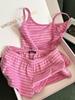 Dulces pijamas de rayas rosas y blancas estilo niña para mujer, verano, tirantes, pantalones cortos, traje fino y delgado para estar en casa, ropa exterior