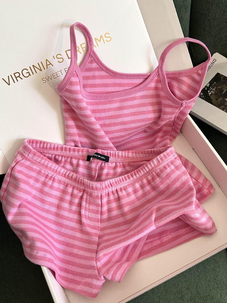 Dulces pijamas de rayas rosas y blancas estilo niña para mujer, verano, tirantes, pantalones cortos, traje fino y delgado para estar en casa, ropa exterior