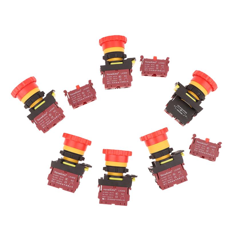 22Mm La36M Emergency Stop Button Switch E-Stop Plastic Mushroom Push Button Switches On Off With Led Light 12V-24V 110V 220-380V