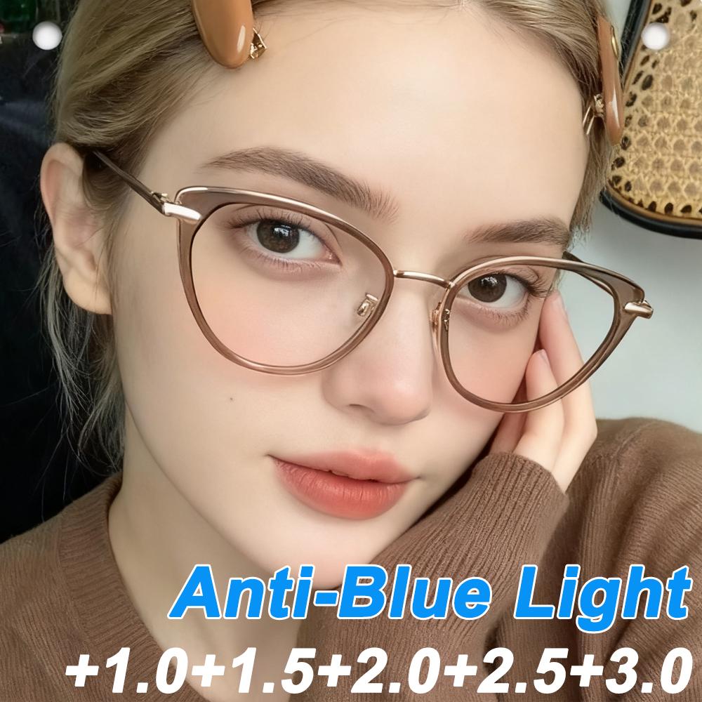 Cat Eye Presbyopia Glasses HD Anti Blue Light Reading Glasses for Women and Men Metal Frame Eyeglasses Unisex